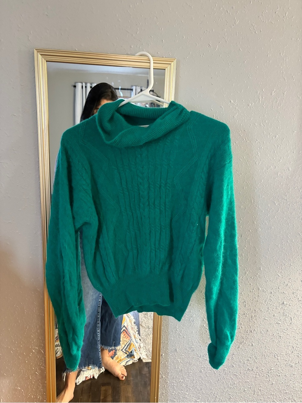 Vintage Teal Cable Cowl-Neck Sweater